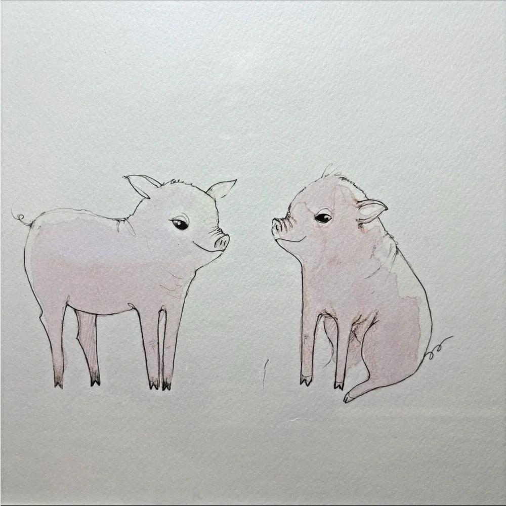 Restoration Hardware Baby Child Watercolor Animal print Pigs barnyard Nursery - Picture 2 of 8
